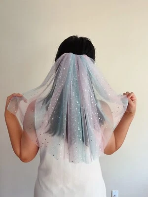 Unicorn bridal veil, blue pink shinning ombre veil, Unique wedding veil, Wedding - Image 1 of 4