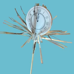 New Years Eve Party Clock Face Silver Tinsel Pick Floral Midnight 21 Inch - Picture 1 of 7