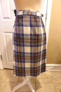 Girls 12 Pleated Wrap Skirt Girl's Tan Blue  Gray Check Plaid Leather Straps EXC - Picture 1 of 24