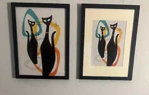 Mid Century Modern Atomic Era Black Cats FRAMED Print on Canvas - Picture 1 of 9