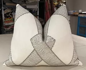 ONE PETITE LARSEN LINEN "BURTON" DIAMOND EMBROIDERED LINEN CUSTOM LUMBAR PILLOW - Picture 1 of 2