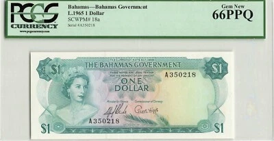 Bahamas 1965  - P-18a PCGS - Gem UNC  - 66 PPQ - 1 Dollar -RARE!!! - Photo 1/2