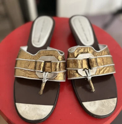 Marc By Marc Jacobs Metallic Bronze Silver Slide Wedge Sandal W/ Buckle Sz 38 - Image 1 of 4