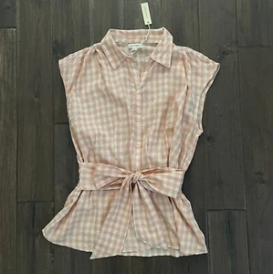 Max Studio Peach Plaid Picnic Checkered Tie Bow Front Top Large NWT - Picture 1 of 7