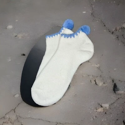 VTG Socks 80s Golf Ladies Acrylic USA Low Cut 70's Ankle Poms Blue NOS 9-11 90's - Image 1 of 4