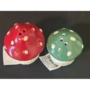 NEW! Set of Mushroom Salt & Pepper Ceramic Shakers Approx 2 1/8”-2.25” Green Red - Picture 1 of 3