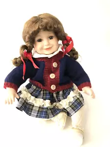 Porcelain Sitting Doll Braids Blue Sweater Pigtails Adorable Plaid Skirt - Picture 1 of 10
