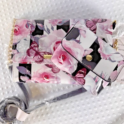 Betsey Johnson Crossbody Wallet With Hangoff Pink Black Floral Chain strap NEW - Image 1 of 4