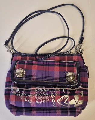COACH POPPY Shoulder Bag Tartan Check Purple Pink Crossbody Metallic Glistens - Image 1 of 4