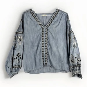 Zara TRF Collection Bohemian Top M Blue Chambray Embroidered Puff Sleeve - Picture 1 of 5