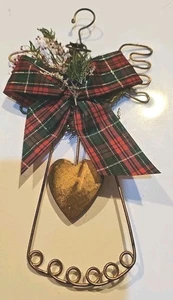 Christmas Wood Metal Hanging Rustic Angel Golden Floral Door Decor Plaid Ribbon - Picture 1 of 7