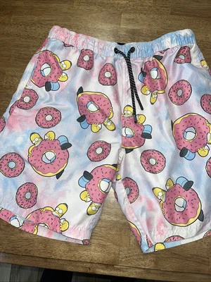 NEFF HOMER SIMPSON Swim Trunks Sz M PINK TIE DYE Homer & DONUTS - Image 1 of 4