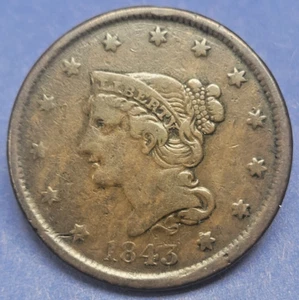 1843 Braided Hair Large Cent 1c Petite Head, Small Letters - Picture 1 of 2