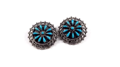 Ohrringe Indianer Türkis Needlepoint Ohrclips Sterlingsilber USA Handarbeit - Bild 1 von 4