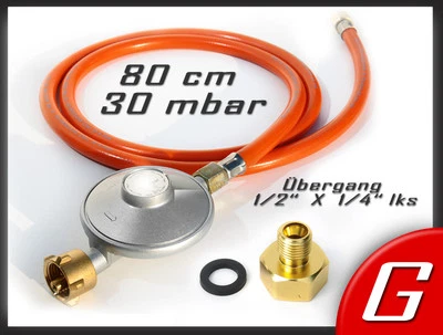KEINE ANGABE Anschluss Druckminderer 30 mbar Gasschlauch 80 cm + Übergang 1/2" 1/4" Gas Set