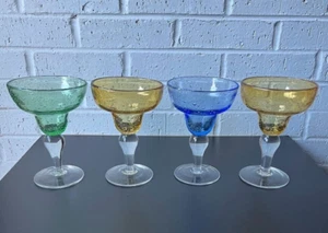 Hand Blown Margarita Cocktail Bubble Art Glasses Blue Green Amber Barware Set/4 - Picture 1 of 17