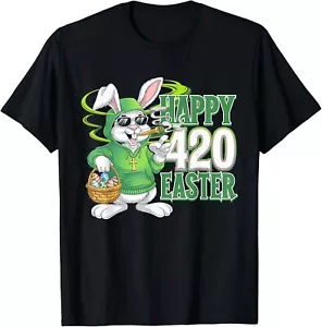 Happy 420 Easter Day Bunny Smoking Weed Marijuana Funny 420 T-Shirt - Picture 1 of 4