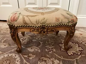 French Antique Hand Carved Footstool Bench Needlepoint Upholstery Brass Nailhead - Picture 1 of 15