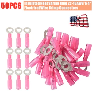 50Pcs M6 Heat Shrink Ring Terminals AWG 22-16 Wire Crimp Connectors Waterproof - Picture 1 of 9