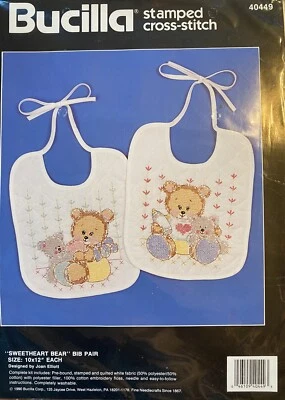 NEW Vtg Bucilla #40449 SWEETHEART BEAR Stamped Cross Stitch Bibs Pair Kit SEALED - Image 1 of 3