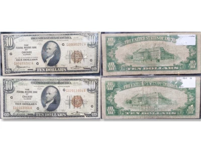 2x 1929 Chicago FRBN Lot 4A  $10 1860-G Fed Reserve Bank Notes  KVE Investments - Image 1 of 4