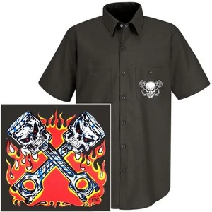V-TWIN CHOPPER MOTORCYCLE RIDER SKULL PISTONS AND RODS BIKER MECHANIC WORK SHIRT - Picture 1 of 12