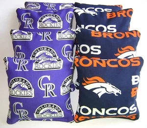 COLORADO ROCKIES & DENVER BRONCOS CORNHOLE BEAN BAGS 8 TOP QUALITY TOSS GAME   - Picture 1 of 1