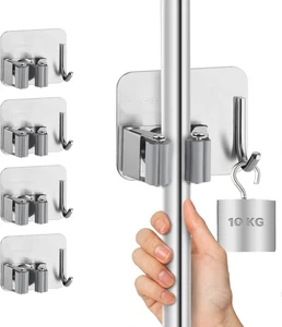 4 x Mop Broom Holder Self Adhesive Mop Grip Holders Wall Mounted Hanger Utility - Picture 1 of 7