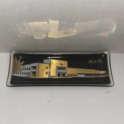 Bandeja de vidrio vintage años 50 NCR Kingsway Dundee Escocia caja registradora nacional dorada Foto 1 de 4