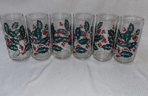 Indiana Glass Holly & Berries Christmas Holiday Beverage Tumblers. Set of 6. - Picture 1 of 6