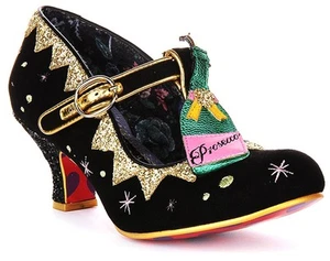 IRREGULAR CHOICE Sip Hooray T BAR Mujer Tacón Negro Dorado UK 4-8 - Imagen 1 de 13