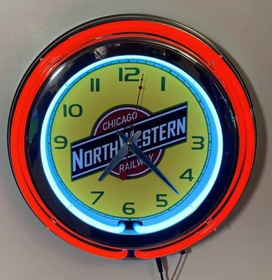 Reloj de pared grande de neón con logotipo nostálgico Chicago & Northwestern RR Foto 1 de 4