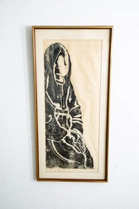 Mid Century Modern Kunstdruck Figur Portrait schwarz weiß Schild signiert Mcm Wand - Bild 1 von 12