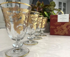 Williams Sonoma Lunar Gold Dragon Goblets Etched Crystal Glasses ~Set of 4 ~NEW - Picture 1 of 15