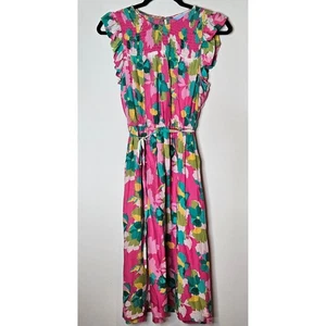 Draper James RSVP gesmokte Passe Rüschen rosa Blumen Midikleid lebendig Frühling Medium - Bild 1 von 4