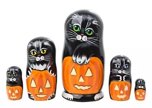Bambola per nido gatto Halloween dipinta a mano nera 5pz 5" 100% legno di tiglio - Foto 1 di 3