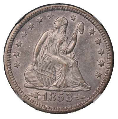 1853-O/HORIZ O ARR & RAYS 25c NGC AU 58 FS-501 ~ POP TOP SEATED QUARTER VARIETY - Image 1 of 4