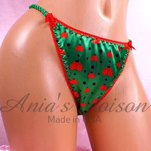 Green Satin Sissy Lace DUCHESS CUT Ladybug shiny string bikini panties sz  6-8 - Picture 1 of 4