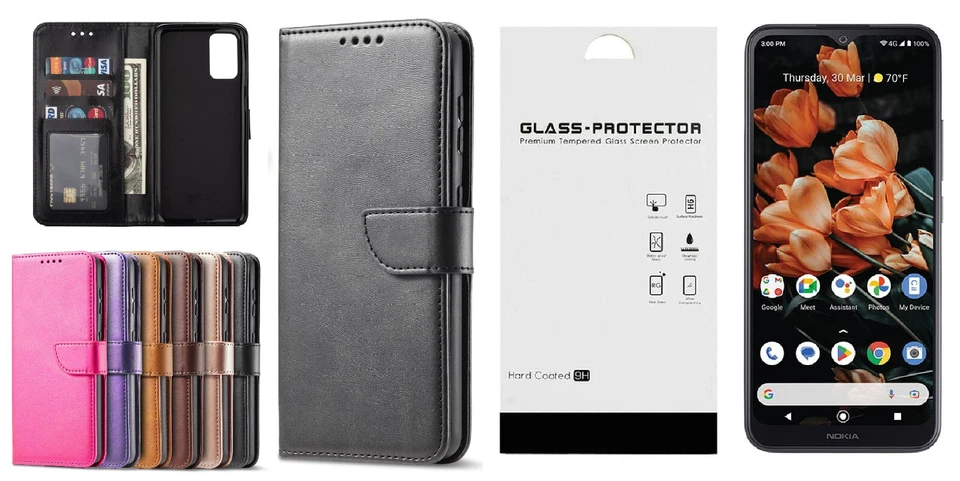 For Nokia C300 N155DL Wallet ID Card Pouch Case Phone Cover + Tempered Glass - Image 1 of 1