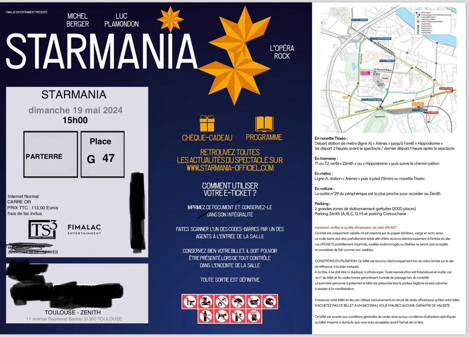BILLET  Starmania Toulouse 19/05/24 15h Carré or - Photo 1/1