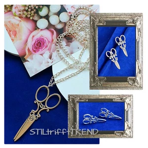 SET GLIEDER KETTE mit XL SCHERE + OHRSTECKER FRISEUR STYLIST SCHNEIDER silber - Bild 1 von 5