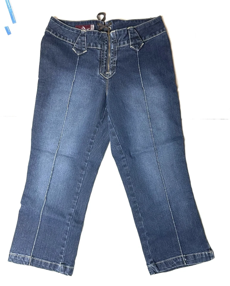 Pantalones de mezclilla capri vintage Jordache tiro bajo elástico cremallera para mujer junior 7/8 corbata azul Foto 1 de 4