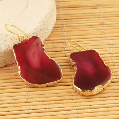 Pendientes colgantes rebanada de ágata chapados en oro declaración regalo de cumpleaños ella Foto 1 de 4