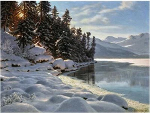 Mural de azulejos de abeto lago montañas de invierno cocina pared salpicadero mármol cerámica - Imagen 1 de 14