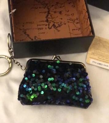 Patricia Nash Borse Coin Purse Black Leather Velvet Dark Green Payettes NWT Box Foto 1 de 4