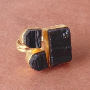 Natural Black Tourmaline Healing Stone Bezel Set Adjustable Ring Made Brass - Picture 1 of 4
