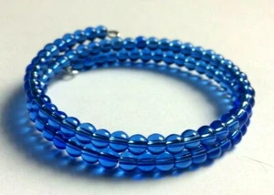 Dark Blue Coloured Glass 4mm Round Bead 2 Coil Memory Wire Bracelet. - Picture 1 of 3