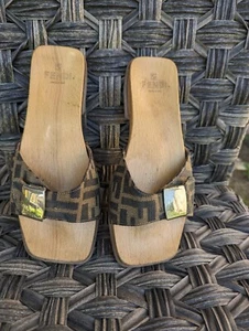 Vintage Fendi Canvas Buckle Wooden Slides 37 - Picture 1 of 11