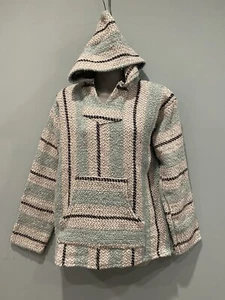 Baja Joe Pull Over Hoodie Drug Rug Large Weave Blue Gray Vintage 90s - Picture 1 of 2