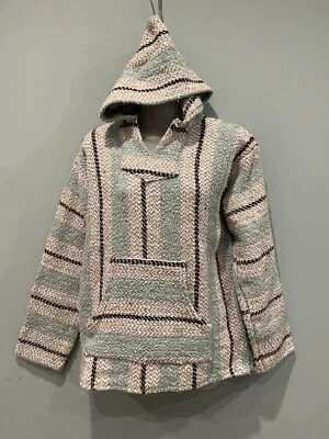 Baja Joe Pull Over Hoodie Drug Rug Large Weave Blue Gray Vintage 90s - Image 1 of 2